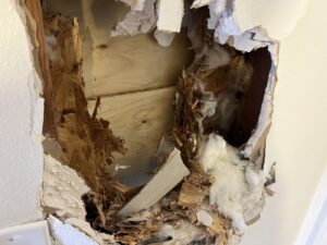 A damaged interior wall with a large hole exposing wooden structural elements, insulation material, and broken drywall. The wood appears splintered and torn, suggesting forceful impact or water damage.